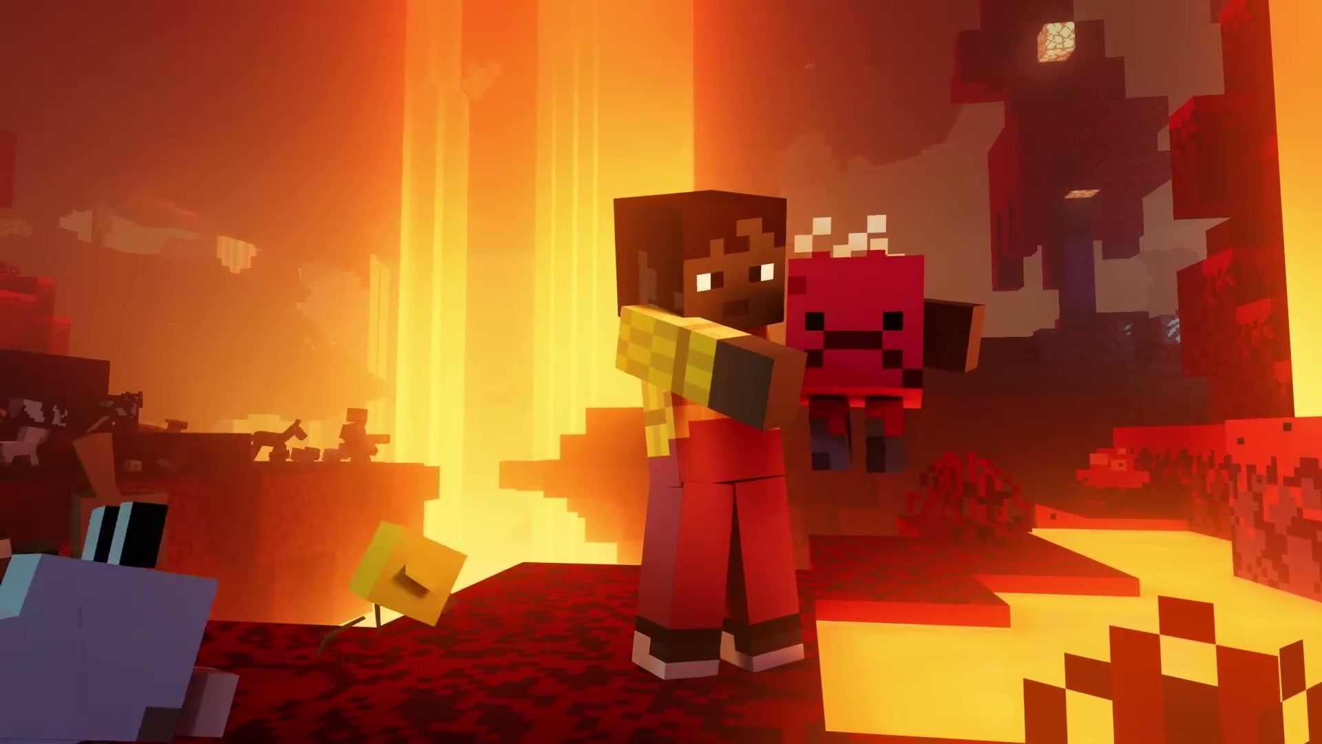 Minecraft Dungeons II — scena w Netherze z lawą i mooshroom