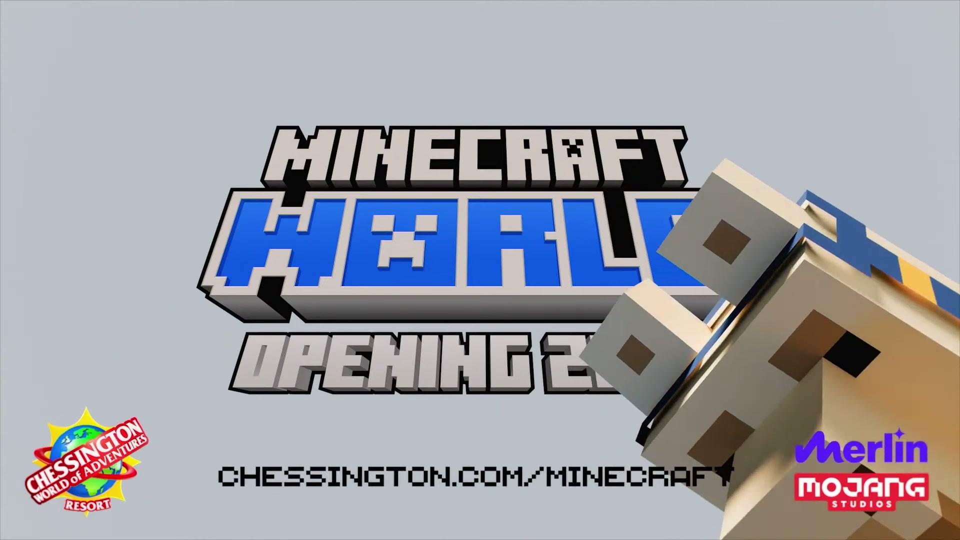 Oficjalne logo Minecraft World — Chessington, Merlin i Mojang