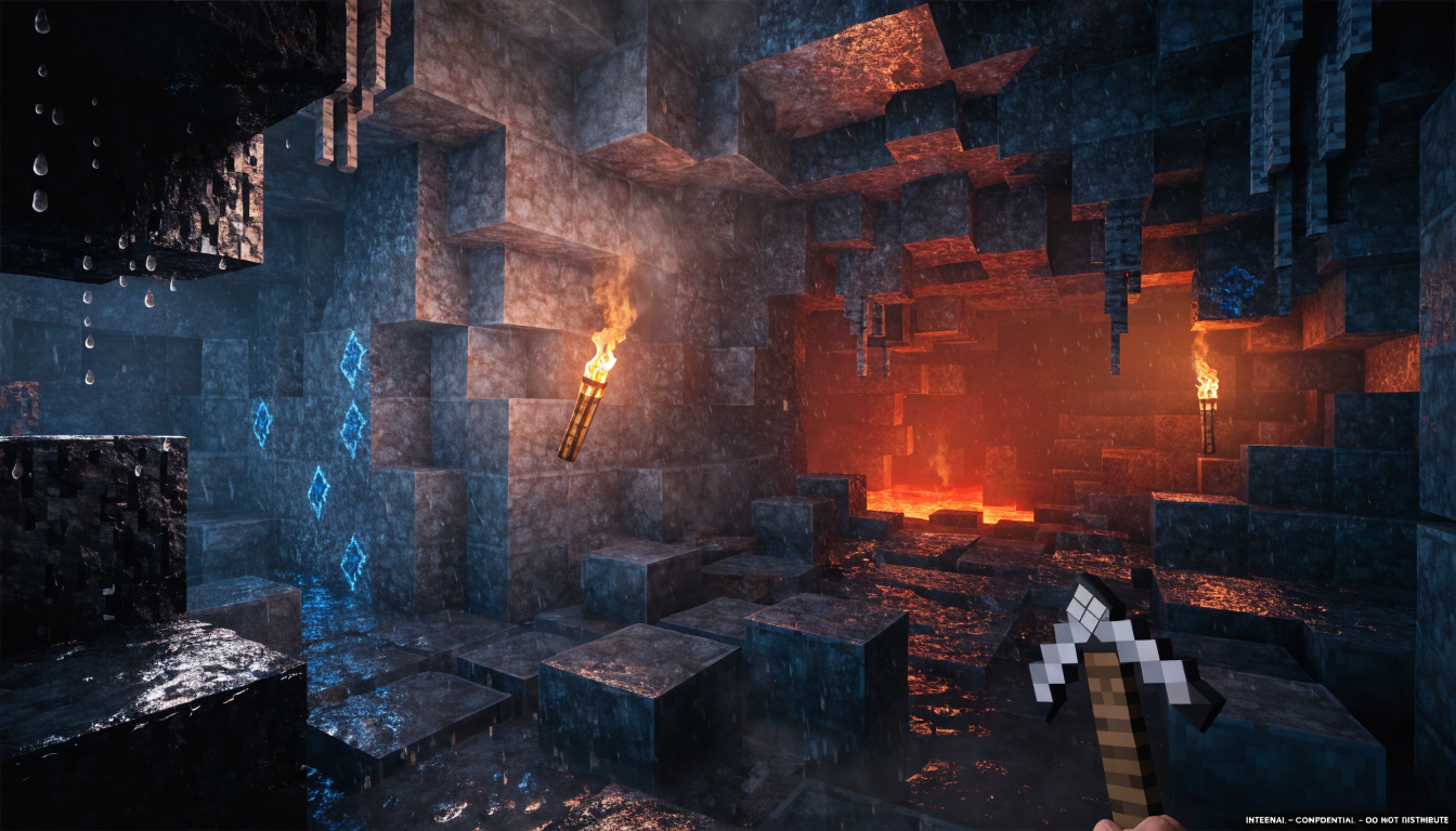 Jaskinia z ray-traced oświetleniem pochodni, fotorealistyczną lawą i diamentami