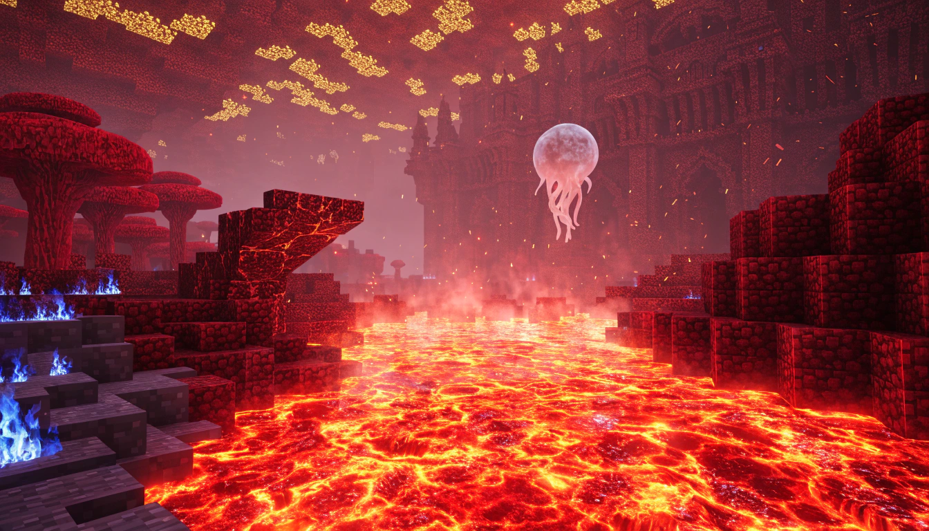 Nether z ocean lawy, fluid simulation, Crimson Forest i tajemniczym Ghastem z tentaklami